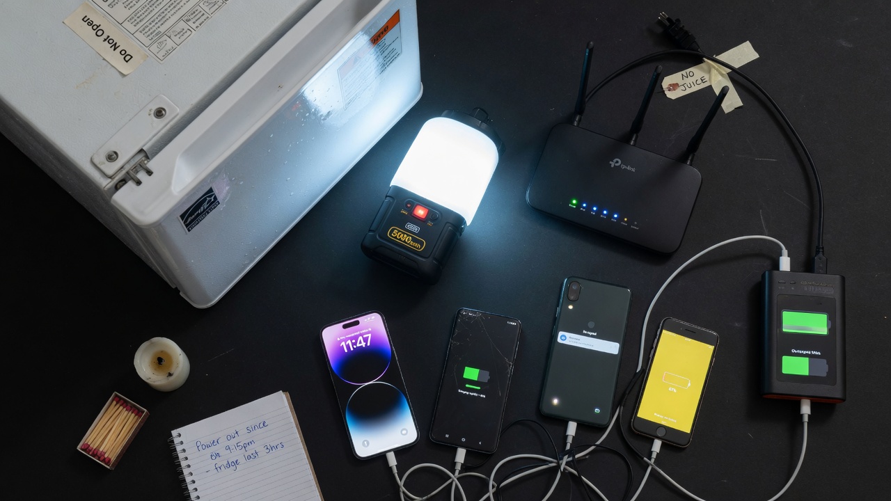 Nevera cerrada, lámpara LED, router WiFi y móviles cargando — electrodomésticos prioritarios en un apagón