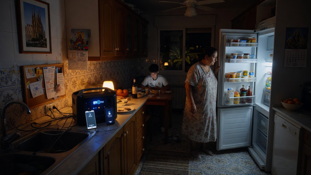 Estación de energía portátil en casa durante un apagón con móviles cargando y nevera abierta