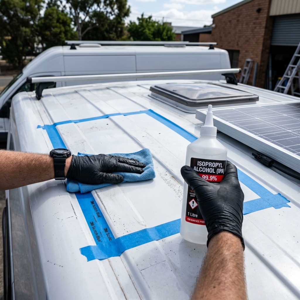 Limpieza del techo de la furgoneta con alcohol isopropílico antes de instalar el panel solar adhesivo