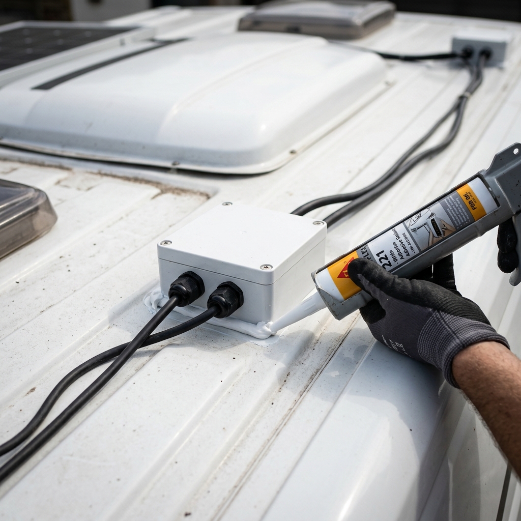 Sellado del pasacables del panel solar en techo de furgoneta con Sikaflex 521 UV blanco resistente a rayos UV
