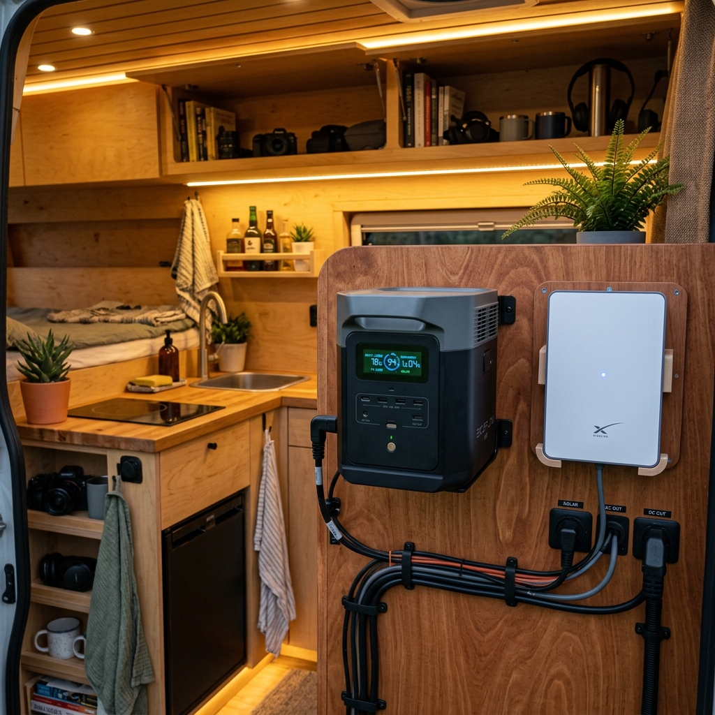 Interior de furgoneta camper finalizado con panel de control energético, EcoFlow DELTA 2 y conexión Starlink Mini para trabajo remoto