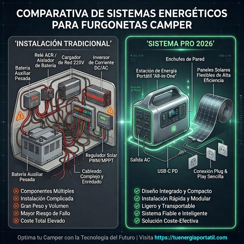 Comparativa instalación solar camper tradicional con taladros versus estación de energía portátil 2026 sin taladros
