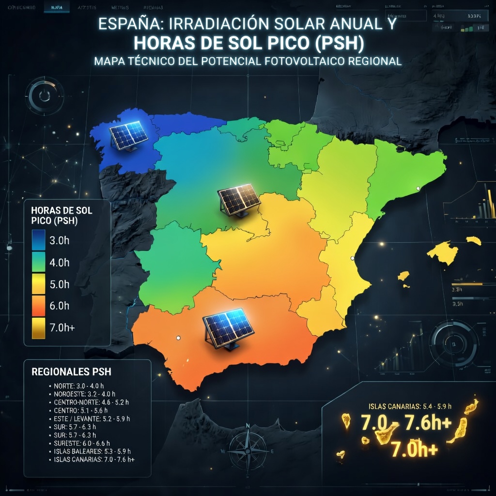Mapa Horas de Sol Pico PSH España 2026