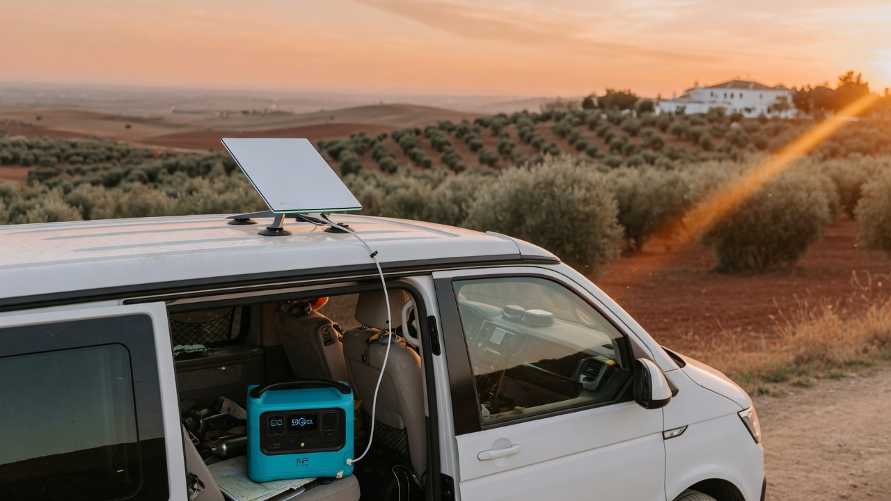Antena Starlink Mini sobre el techo de una furgoneta camper conectada a una estación de energía portátil EcoFlow DELTA 2