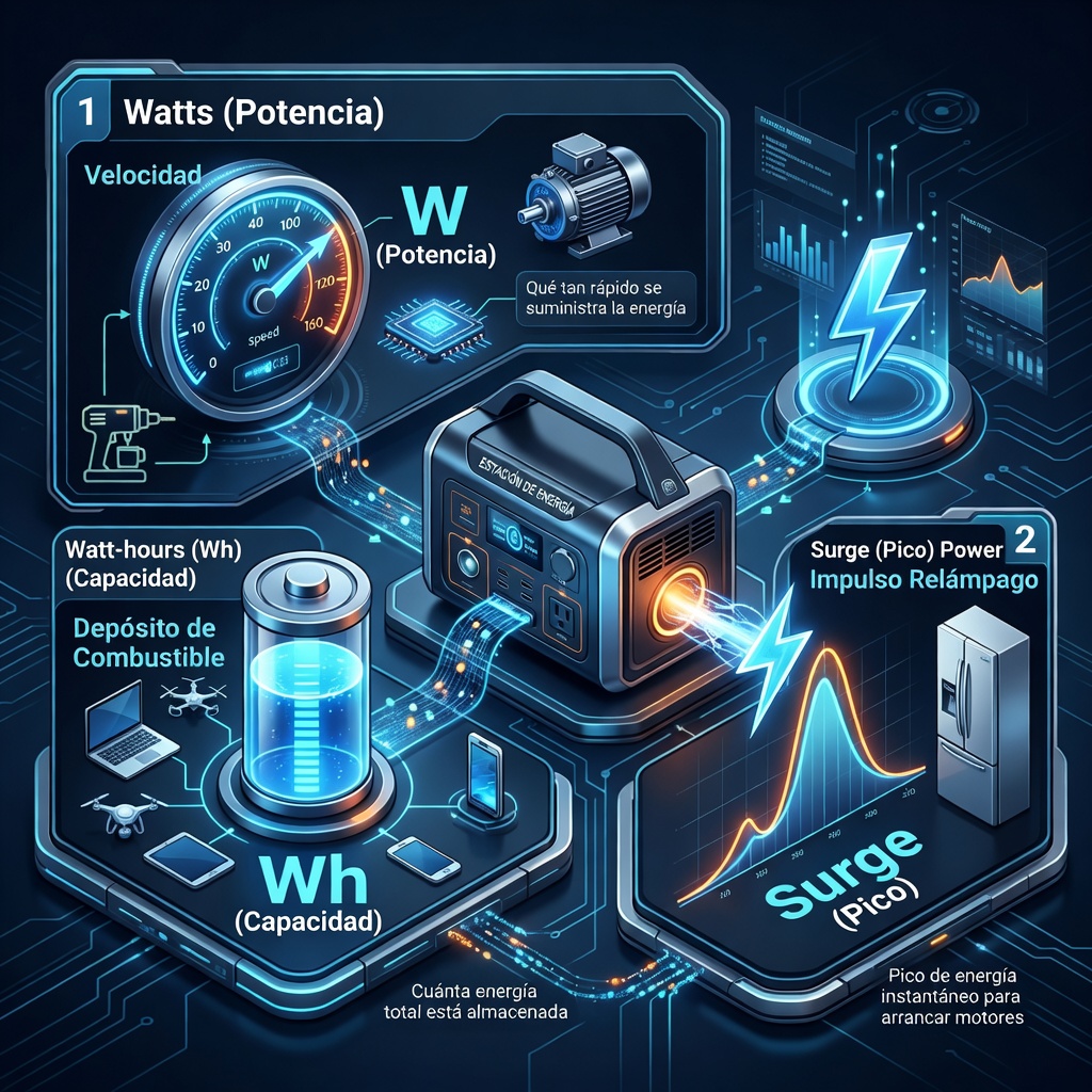 Infografía Watts vs Vatios-hora vs Surge explicación